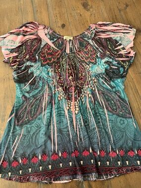 ONE WORLD Pink & Teal Boho Floral Scoop Neck Top